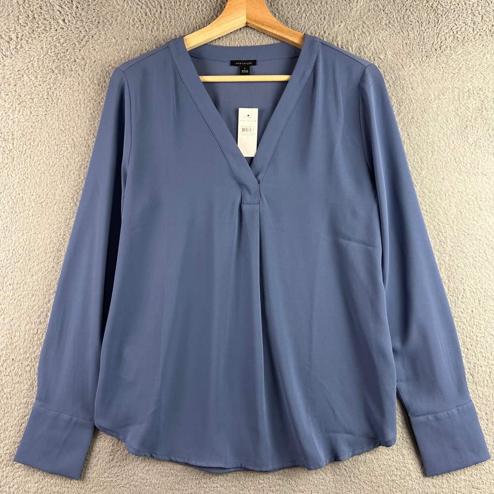New Ann Taylor Womens Blue V-Neck Long Sleeve Pleated Blouse Size S